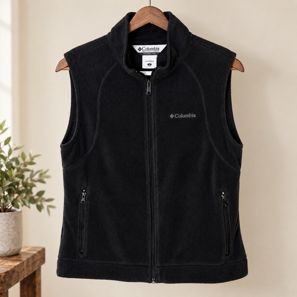 Columbia Fleece Vest Large Black Polyester Full Zip Sleeveless Jacket Pockets